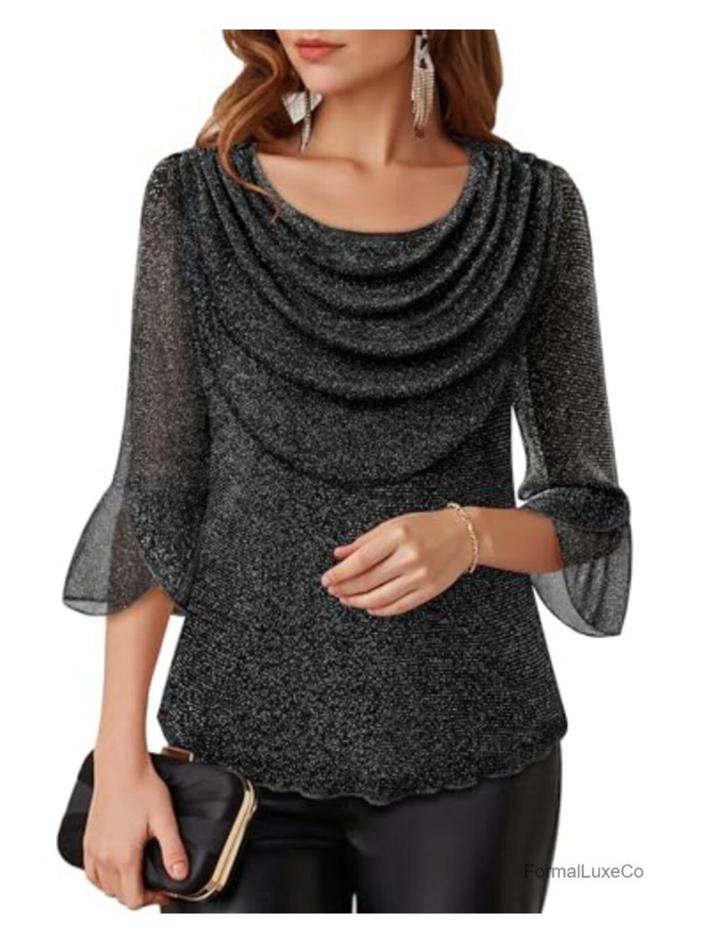 Women's 3/4 Sleeve Cowl Neck Blouse Lightweight Sheer Sparkly Party Top